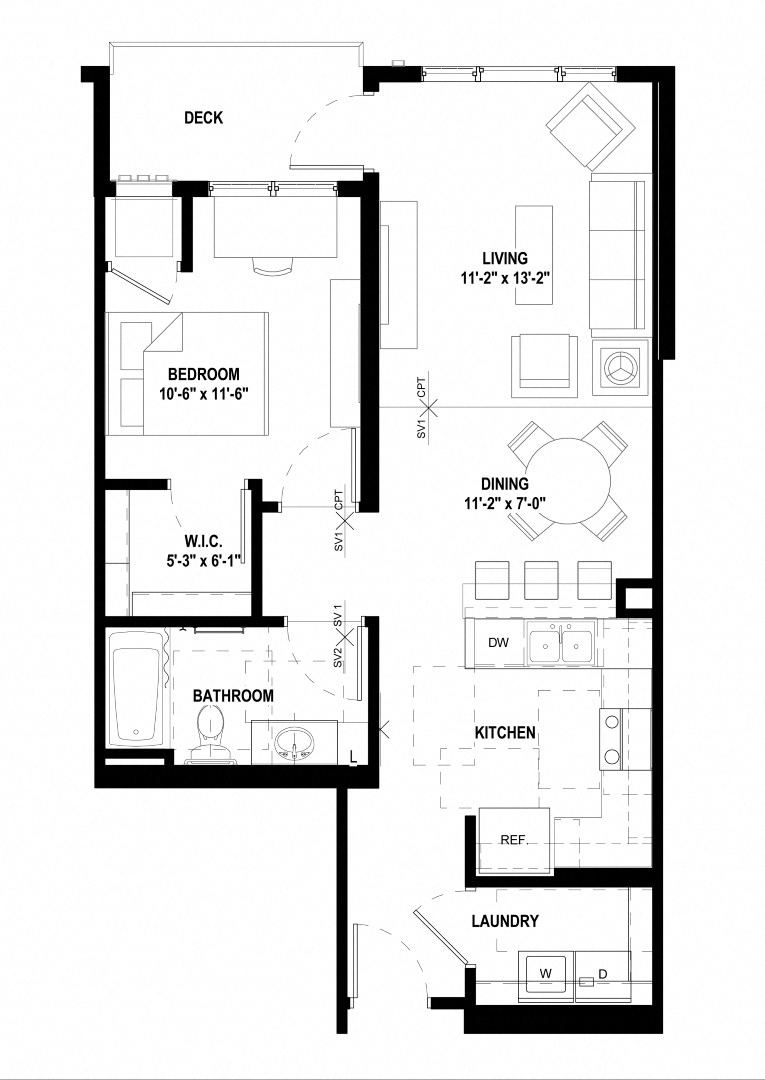 Floor plan for 1 bed, 1 bath, 728 sqft